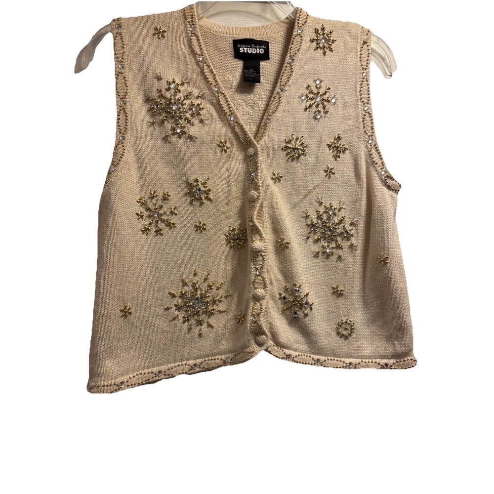 Vtg Women's L Snowflake Chunky Knit Beaded Ugly Christmas Winter Sweater Vest